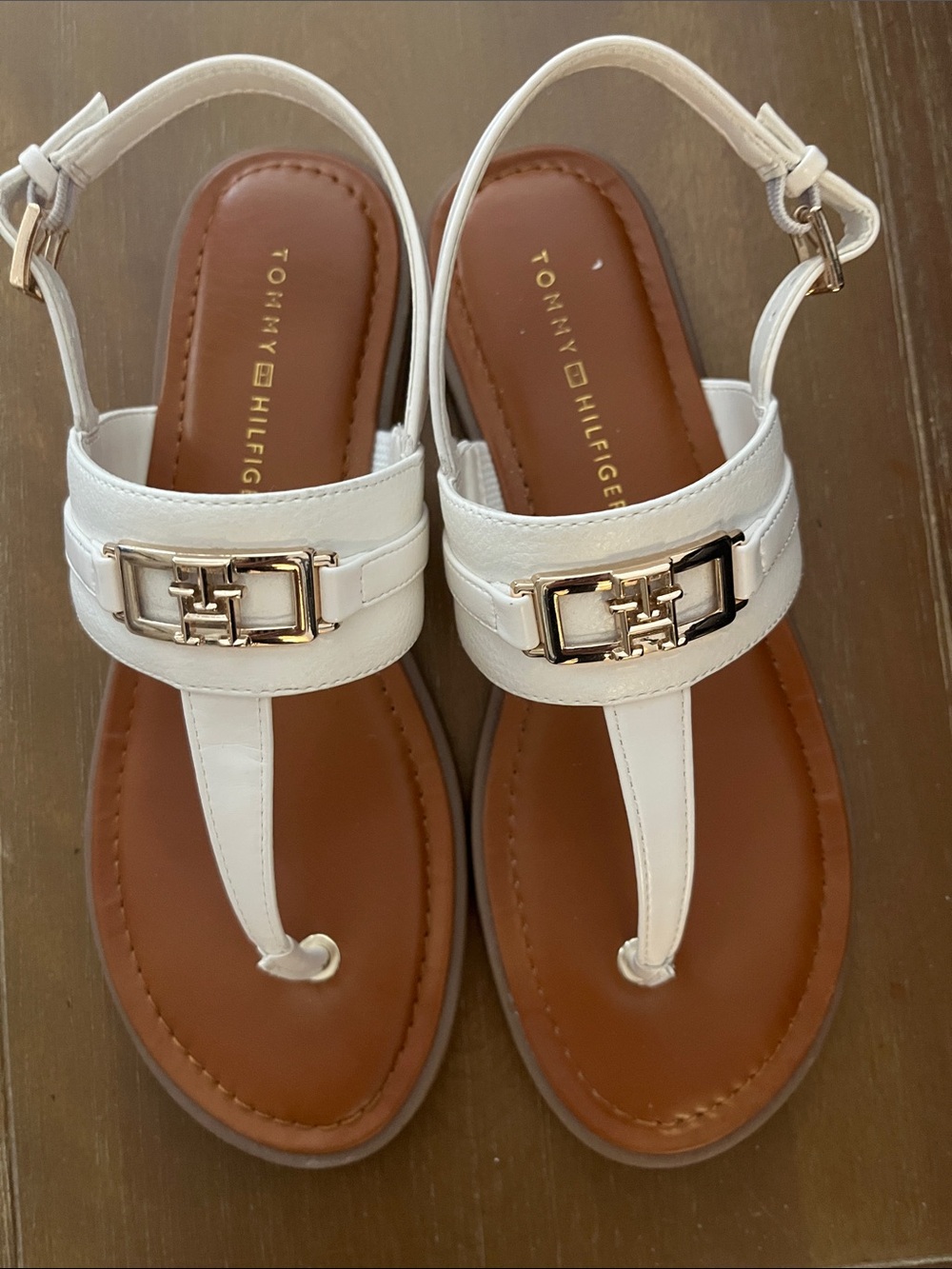 Tommy Hilfiger White Leather T-Strap Sandals with Gold Hardware